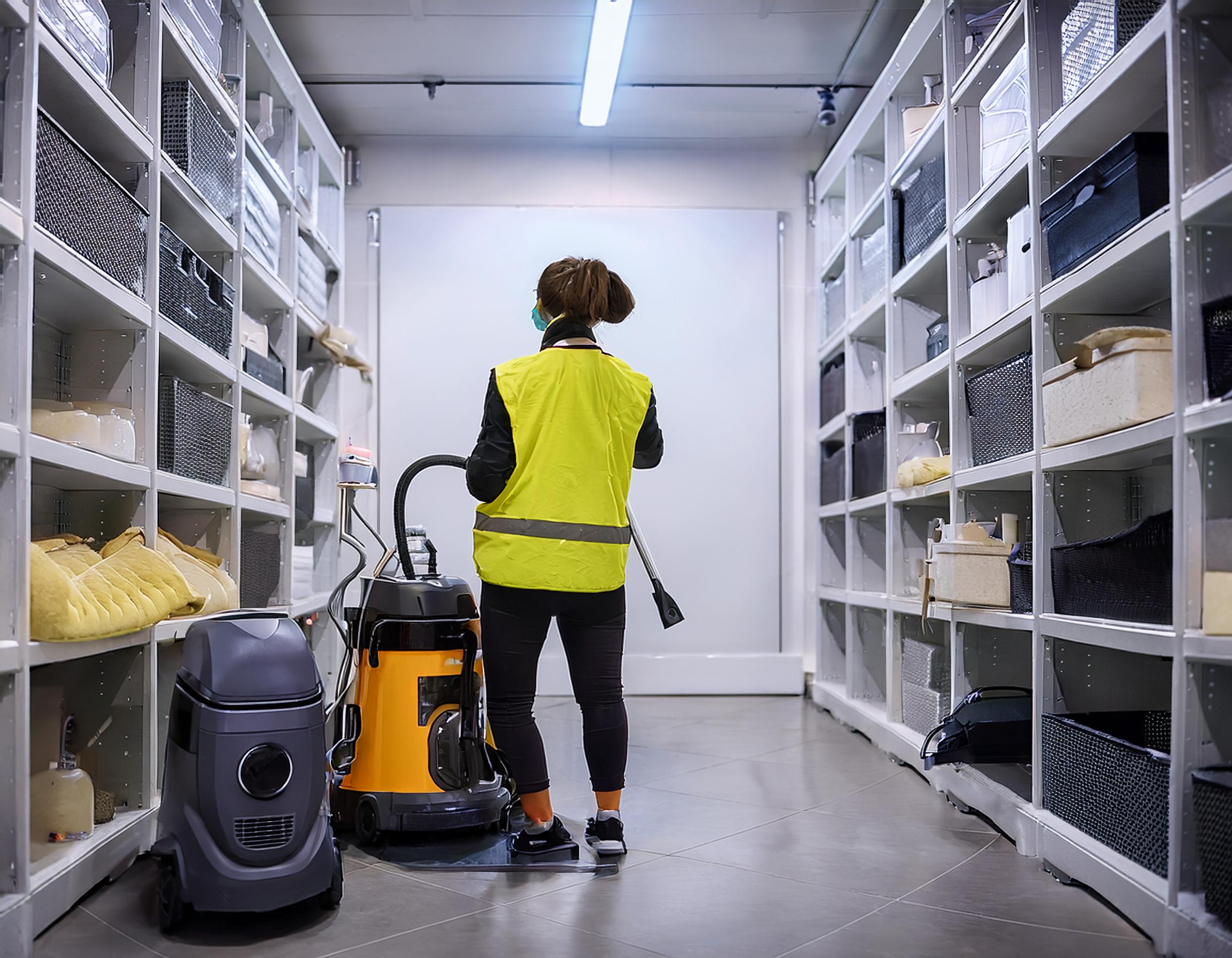 Gebäudereiniger bei der Arbeit in modernen Büros